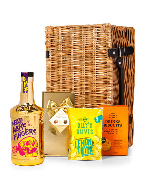 Dead Man's Fingers Black Rum 70cl with Belgian Chocolates, Drinks Biscuits & Olly's Olives Wicker Gift Box